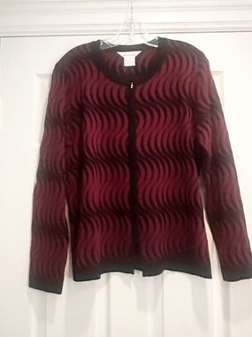 Exclusively Misook Cardigan Sweater Black Purple Full Zip Zipper Knit SMALL